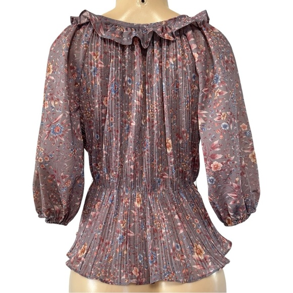 Vintage 70s Gray Floral Keyhole Ruffled Pleated Peplum Chiffon‎ USA Union Made - Picture 7 of 16